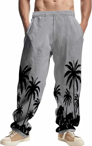 Men's Linen Pants Palm Tree Graphic Pant Summer Outdoor Vacation Beach Plus Size Trousers Casual Open Bottom Slacks