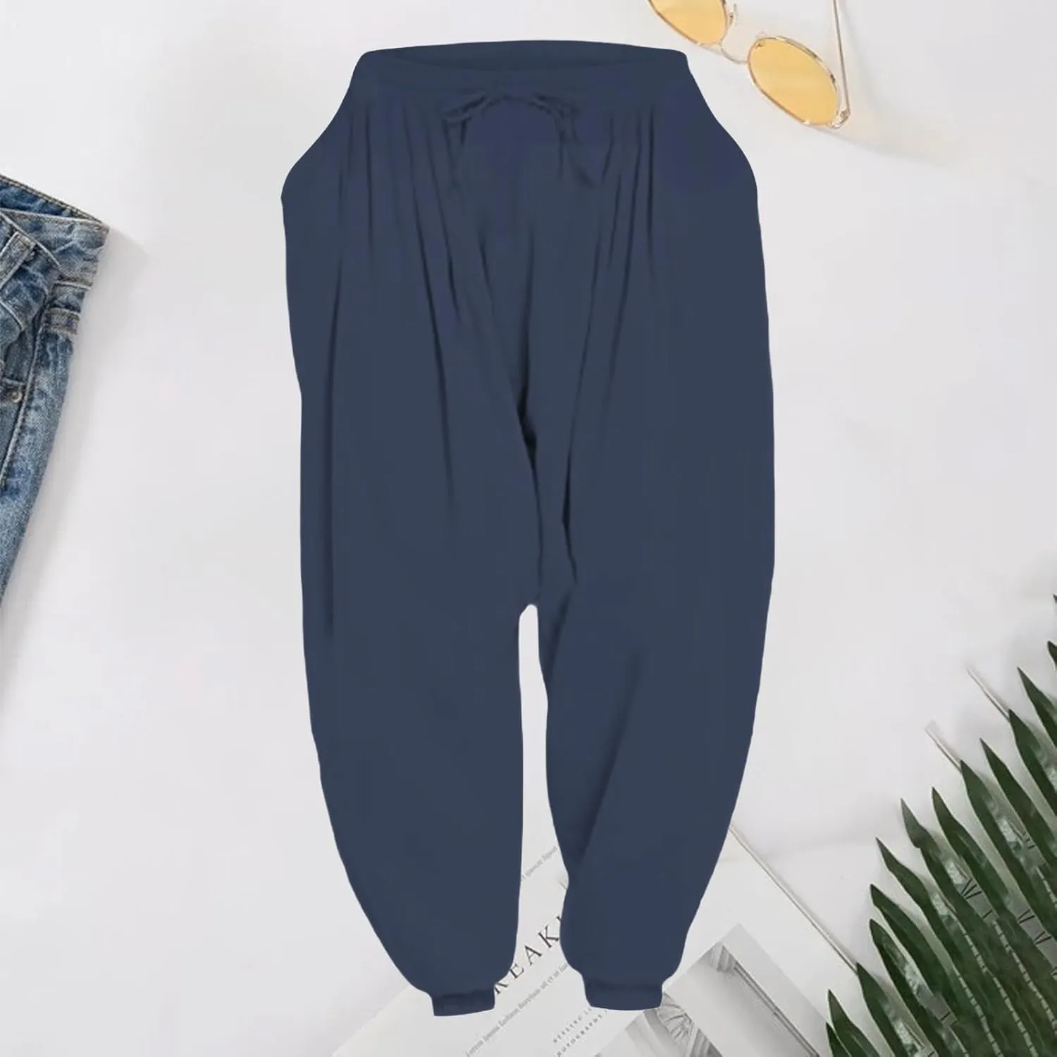 Men's Linen Pants Plain Loose Fit Tapered Slacks Lightweight Vacation Pants Drawstring Waist Yoga Trousers for Summer