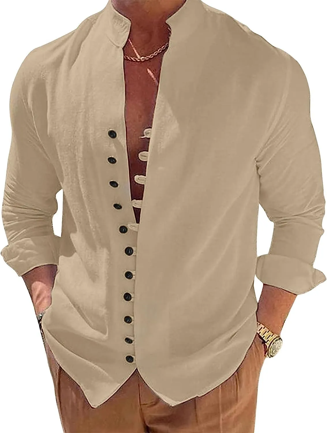 Mens Long Sleeve Linen Shirt Button up Loose fit Vintage Shirts Banded Collar high Elastic Tops Henley Shirt
