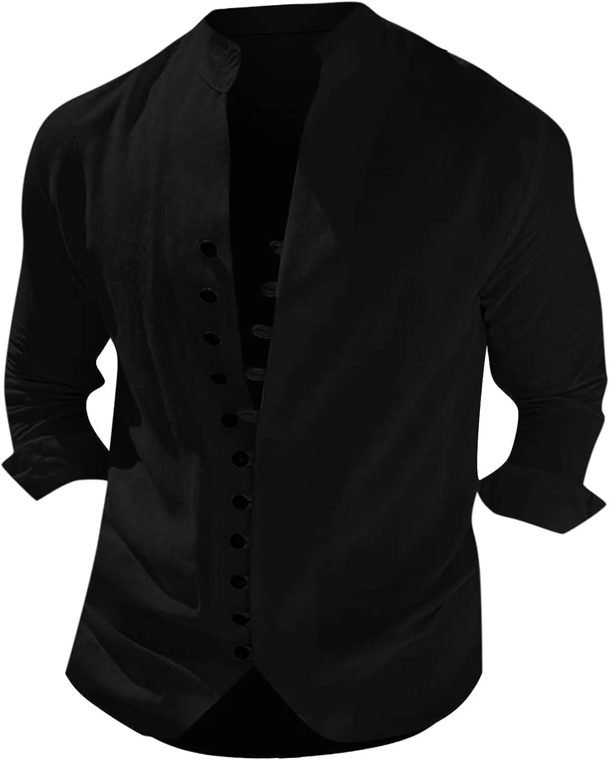 Mens Long Sleeve Linen Shirt Button up Loose fit Vintage Shirts Banded Collar high Elastic Tops Henley Shirt