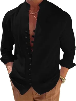 Mens Long Sleeve Linen Shirt Button up Loose fit Vintage Shirts Banded Collar high Elastic Tops Henley Shirt