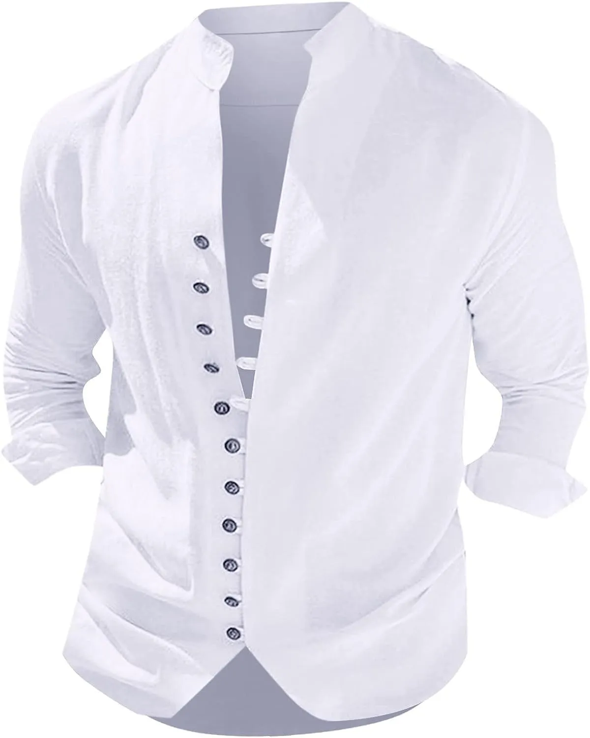 Mens Long Sleeve Linen Shirt Button up Loose fit Vintage Shirts Banded Collar high Elastic Tops Henley Shirt