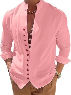 Mens Long Sleeve Linen Shirt Button up Loose fit Vintage Shirts Banded Collar high Elastic Tops Henley Shirt