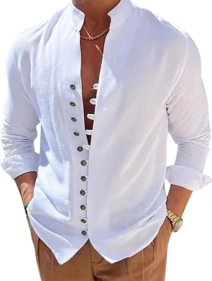 Mens Long Sleeve Linen Shirt Button up Loose fit Vintage Shirts Banded Collar high Elastic Tops Henley Shirt