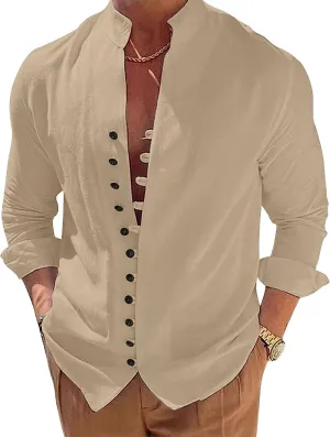 Mens Long Sleeve Linen Shirt Button up Loose fit Vintage Shirts Banded Collar high Elastic Tops Henley Shirt