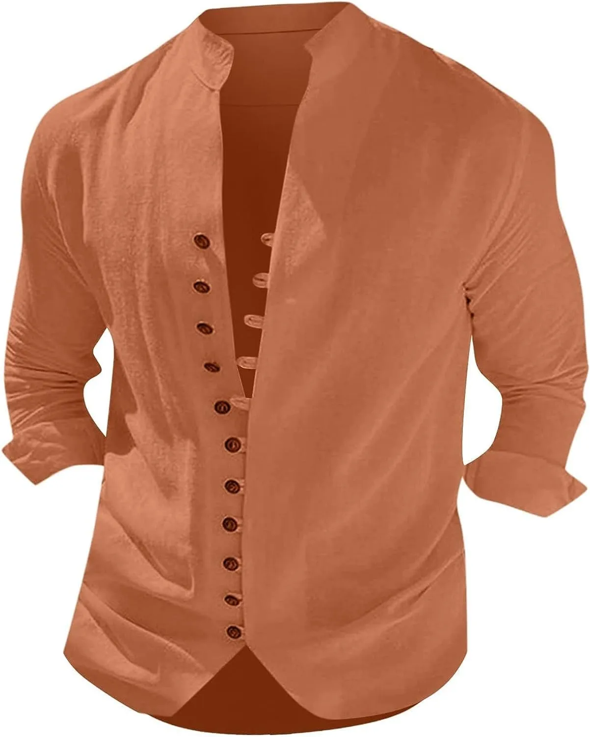 Mens Long Sleeve Linen Shirt Button up Loose fit Vintage Shirts Banded Collar high Elastic Tops Henley Shirt