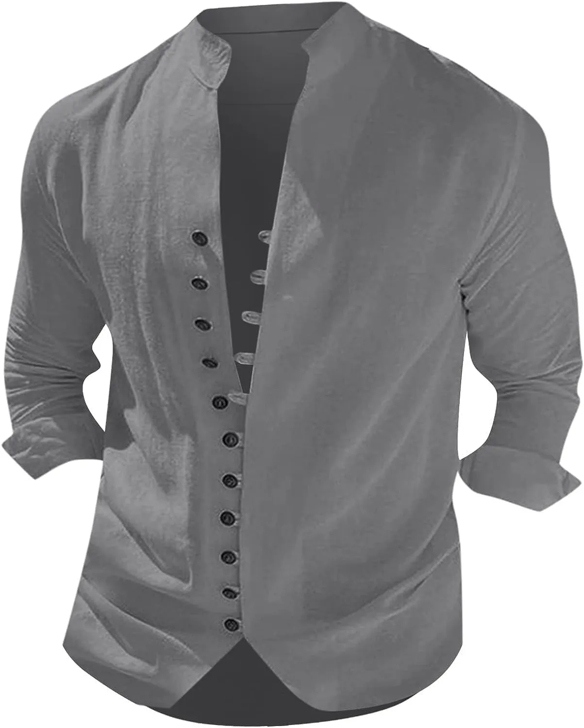 Mens Long Sleeve Linen Shirt Button up Loose fit Vintage Shirts Banded Collar high Elastic Tops Henley Shirt