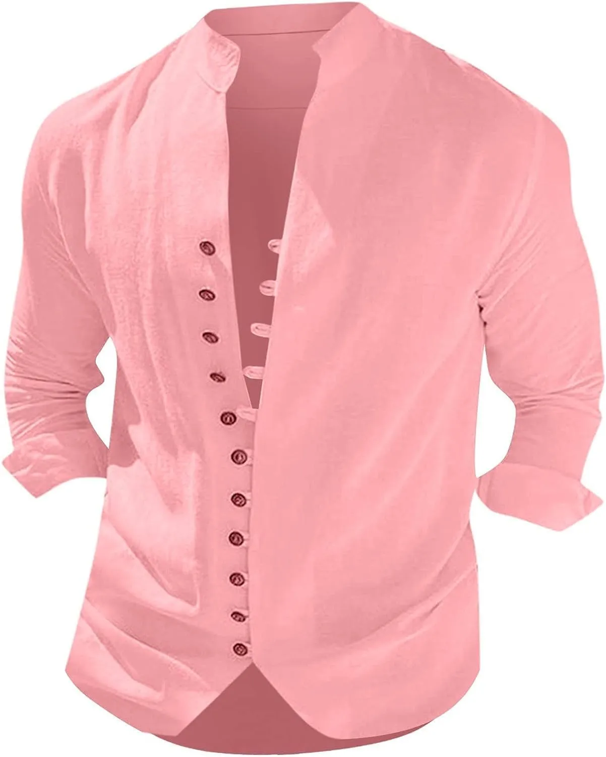 Mens Long Sleeve Linen Shirt Button up Loose fit Vintage Shirts Banded Collar high Elastic Tops Henley Shirt