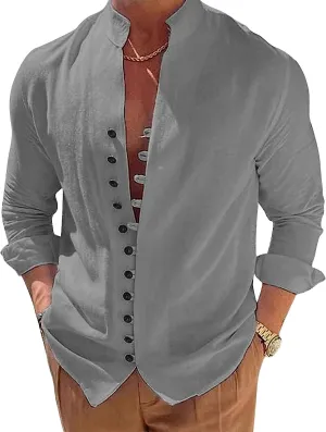 Mens Long Sleeve Linen Shirt Button up Loose fit Vintage Shirts Banded Collar high Elastic Tops Henley Shirt