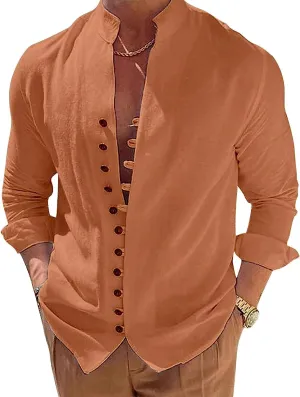 Mens Long Sleeve Linen Shirt Button up Loose fit Vintage Shirts Banded Collar high Elastic Tops Henley Shirt