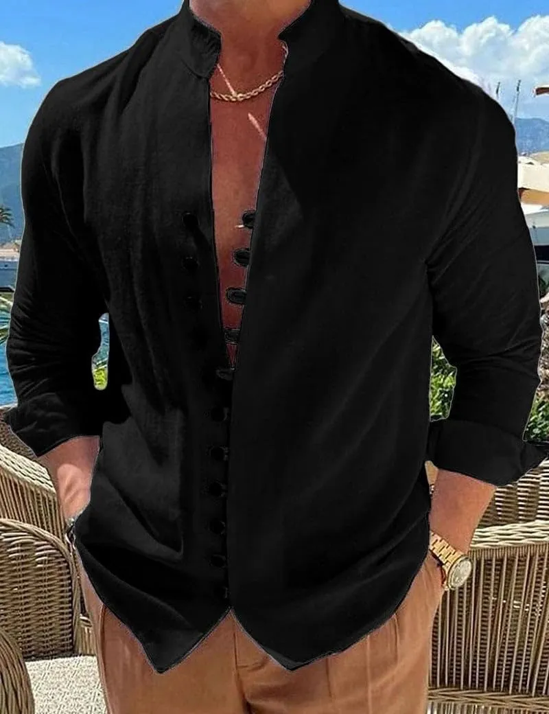 Mens Long Sleeve Linen Shirt Button up Loose fit Vintage Shirts Banded Collar high Elastic Tops Henley Shirt