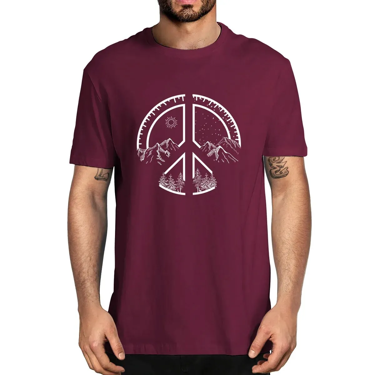 Men's Novelty Oversized Peace Sign Mountains Cotton Summer T-Shirt