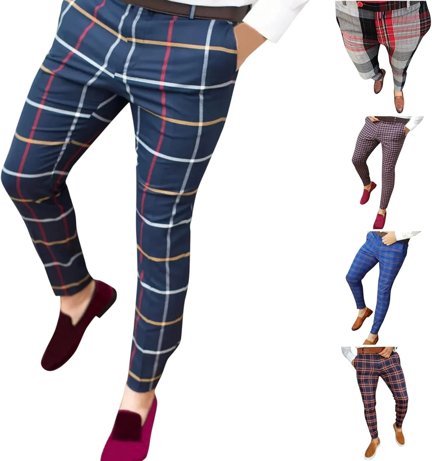 Mens Plaid Stretch Dress Pants Slim Fit Skinny Chino Pant Tapered Leg Checkered Casual Business Golf Work Suit Pants
