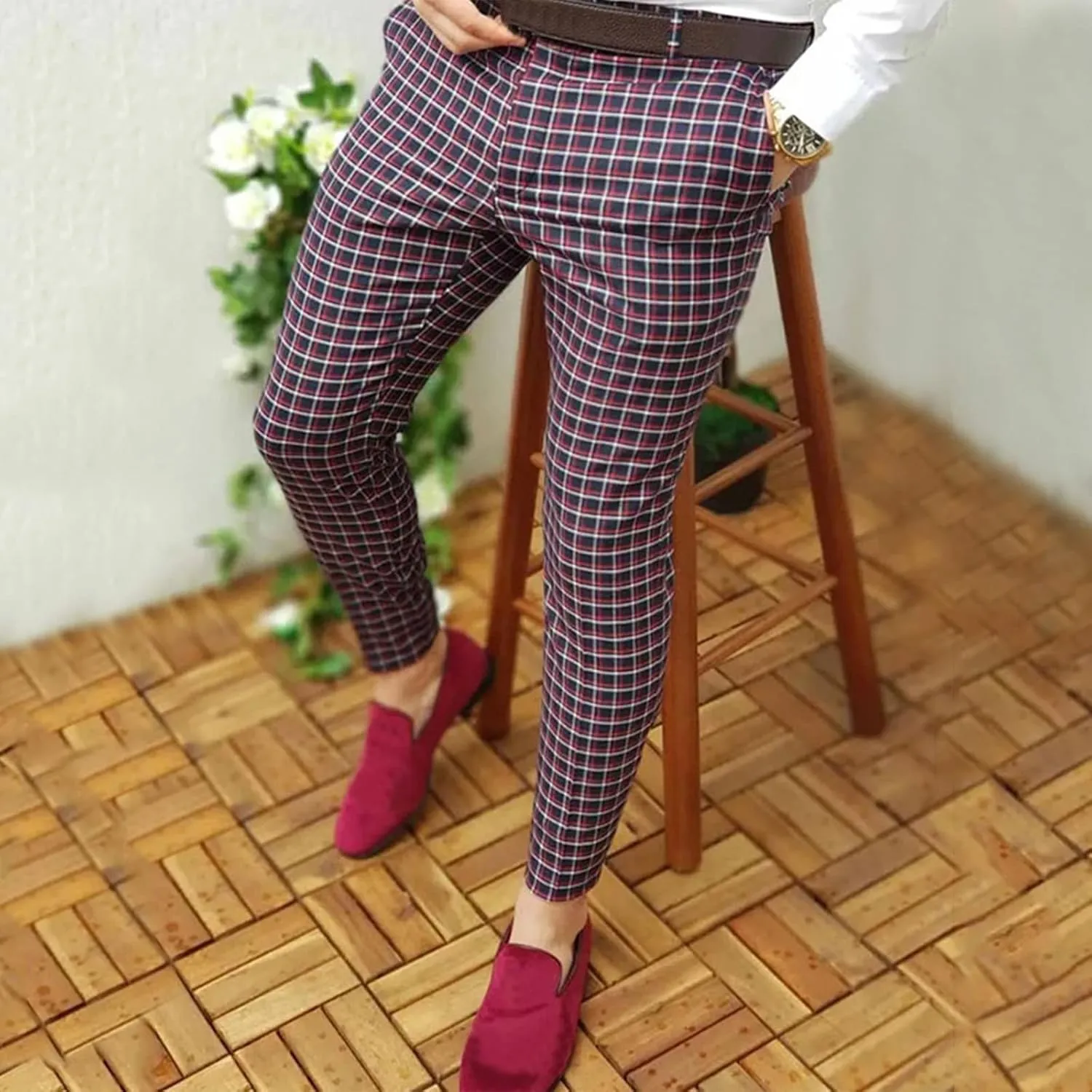 Mens Plaid Stretch Dress Pants Slim Fit Skinny Chino Pant Tapered Leg Checkered Casual Business Golf Work Suit Pants