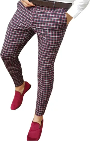 Mens Plaid Stretch Dress Pants Slim Fit Skinny Chino Pant Tapered Leg Checkered Casual Business Golf Work Suit Pants