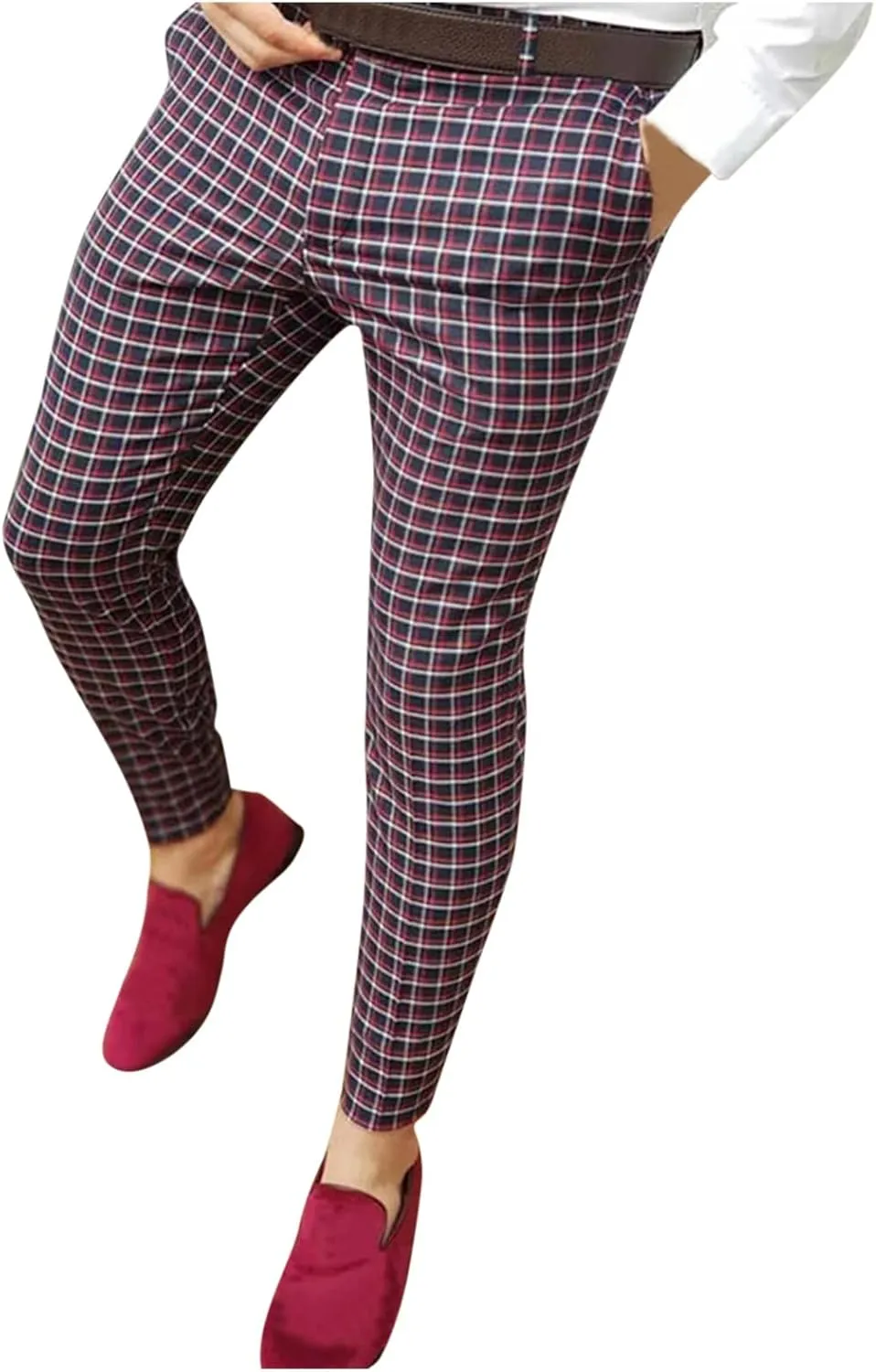 Mens Plaid Stretch Dress Pants Slim Fit Skinny Chino Pant Tapered Leg Checkered Casual Business Golf Work Suit Pants