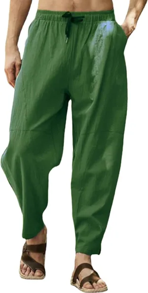 Mens Plus Size Linen Beach Pants Casual Solid Tapered Pant Summer Vacation Trousers Lightweight Drawstring Slacks