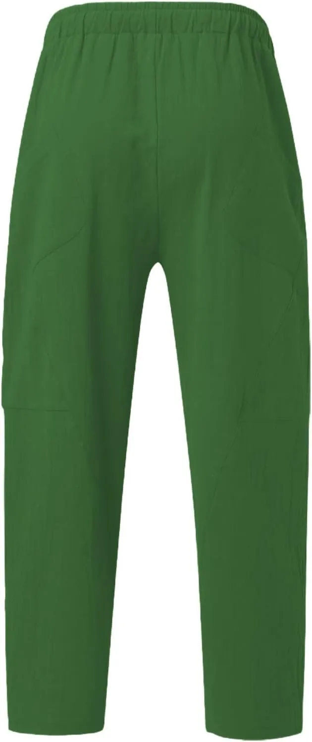 Mens Plus Size Linen Beach Pants Casual Solid Tapered Pant Summer Vacation Trousers Lightweight Drawstring Slacks