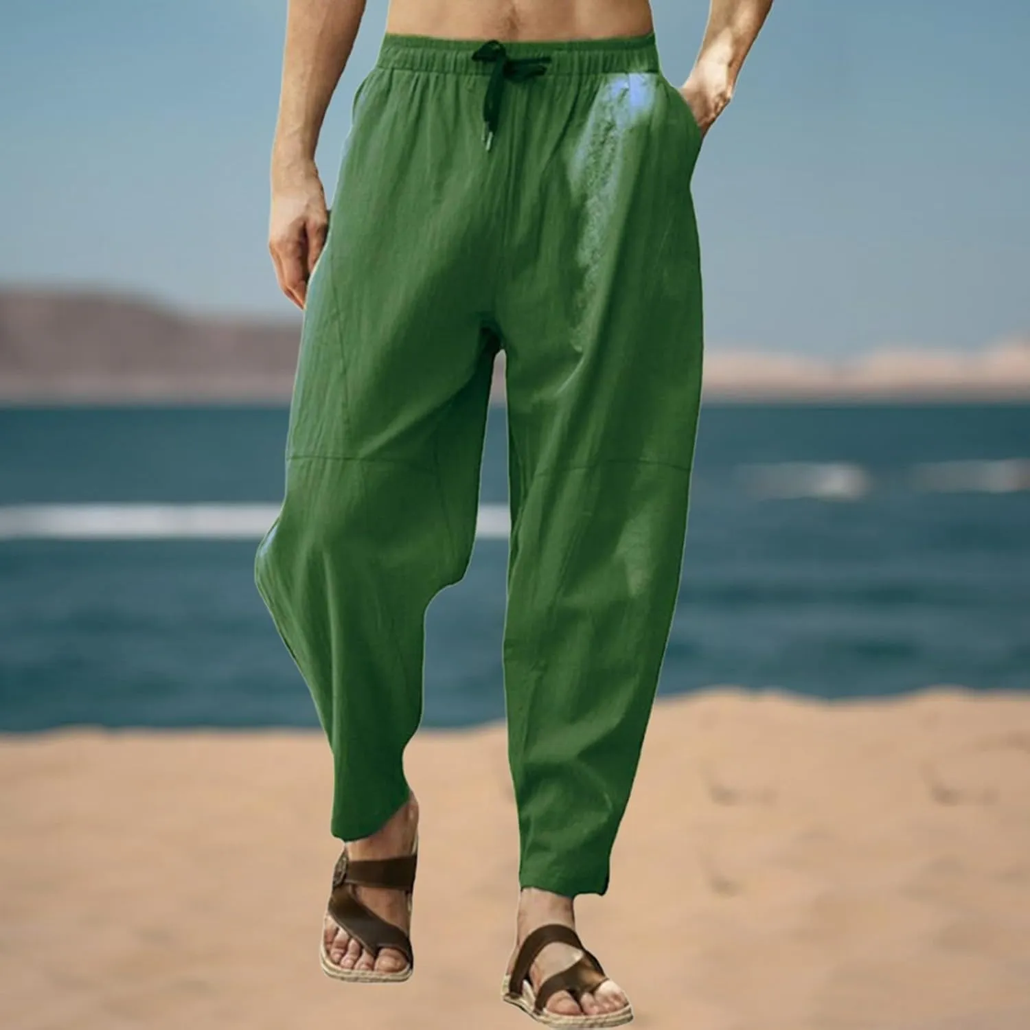 Mens Plus Size Linen Beach Pants Casual Solid Tapered Pant Summer Vacation Trousers Lightweight Drawstring Slacks