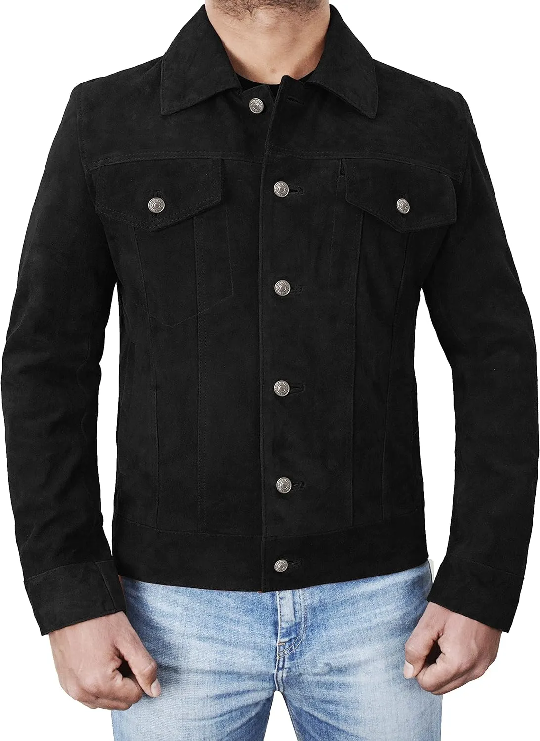 Men's Suede Leather Jacket - Western Style Cowboy Trucker Leather Jackets for Adult Outerwear