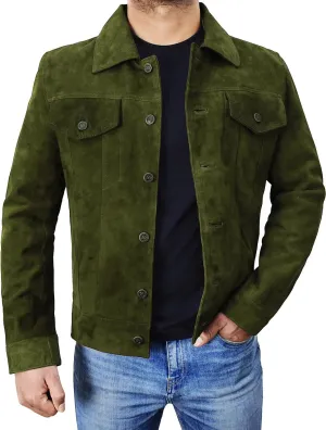 Men's Suede Leather Jacket - Western Style Cowboy Trucker Leather Jackets for Adult Outerwear