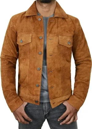 Men's Suede Leather Jacket - Western Style Cowboy Trucker Leather Jackets for Adult Outerwear