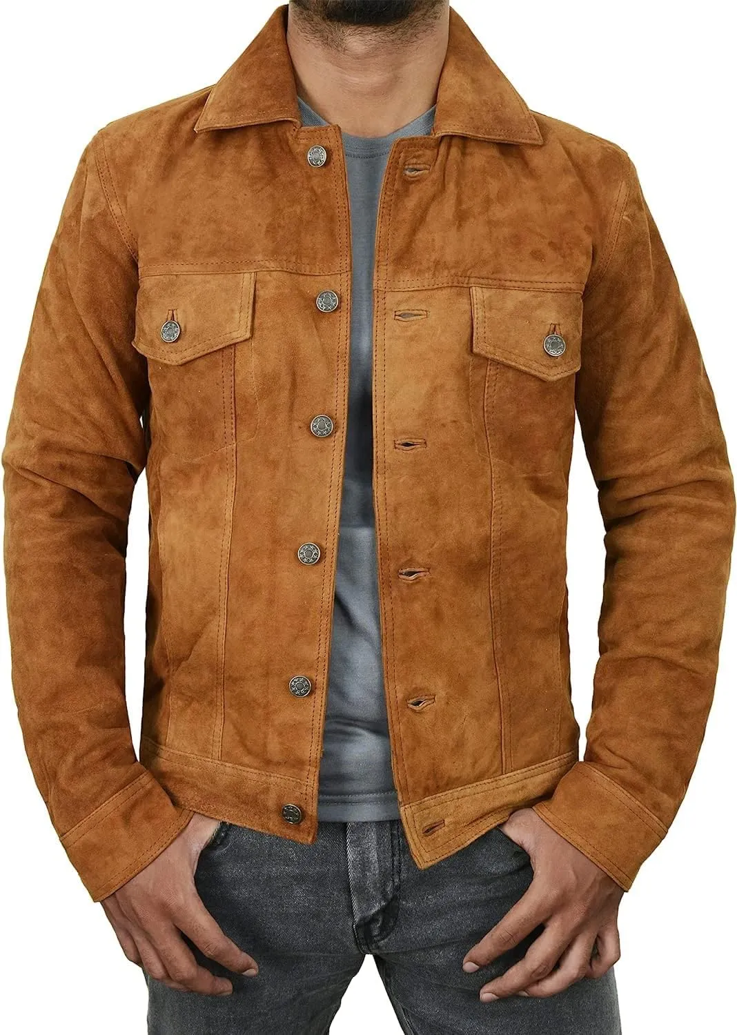 Men's Suede Leather Jacket - Western Style Cowboy Trucker Leather Jackets for Adult Outerwear