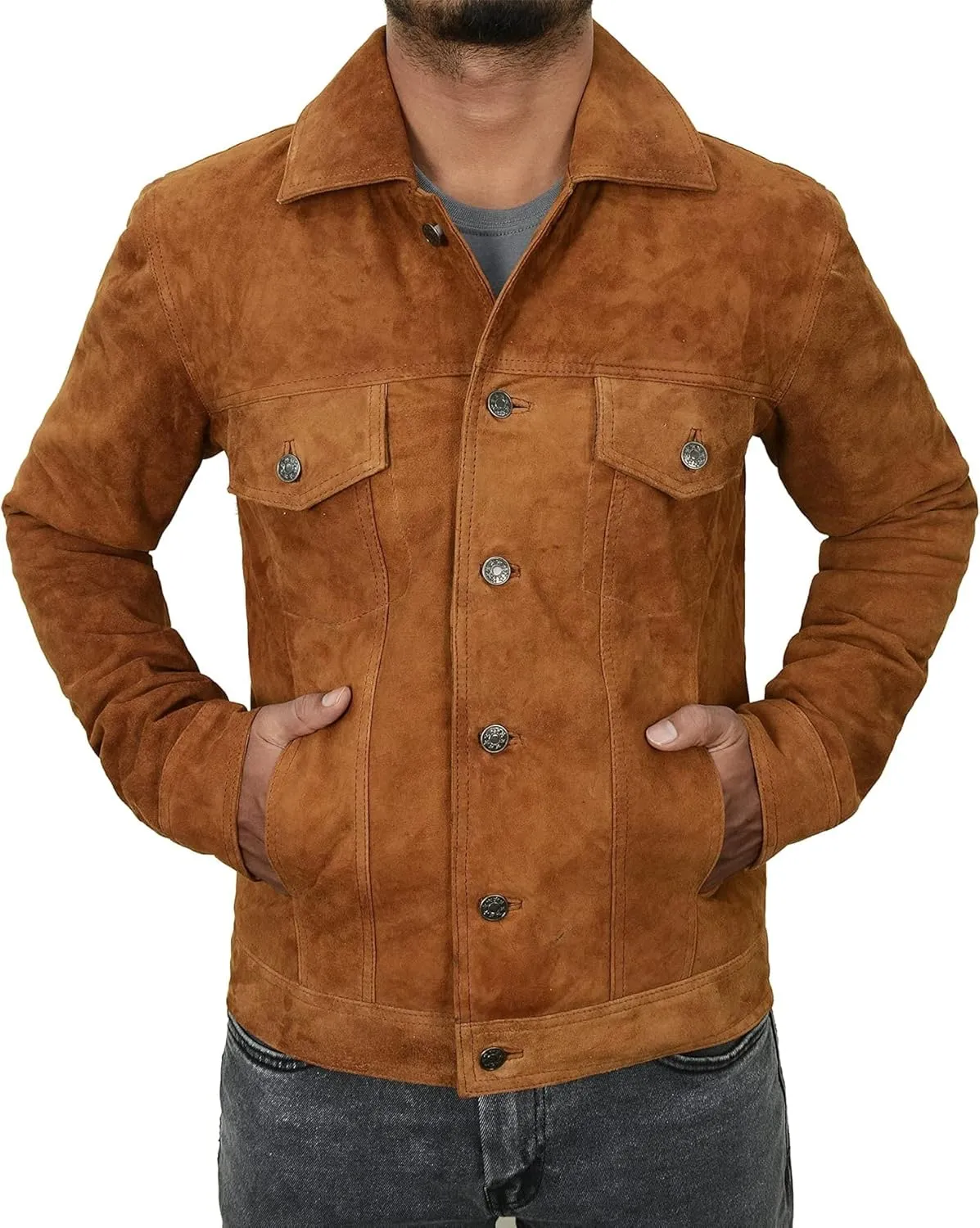 Men's Suede Leather Jacket - Western Style Cowboy Trucker Leather Jackets for Adult Outerwear