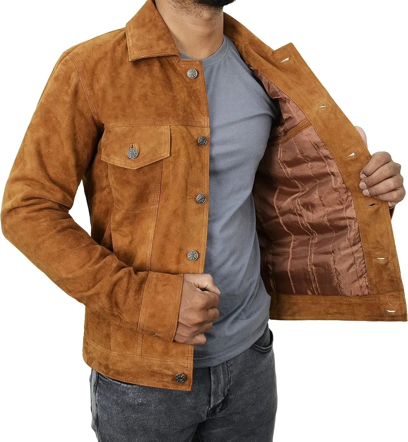 Men's Suede Leather Jacket - Western Style Cowboy Trucker Leather Jackets for Adult Outerwear