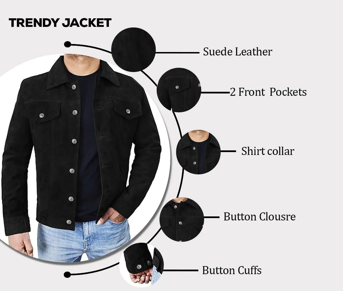 Men's Suede Leather Jacket - Western Style Cowboy Trucker Leather Jackets for Adult Outerwear