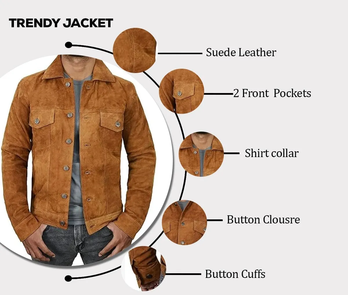 Men's Suede Leather Jacket - Western Style Cowboy Trucker Leather Jackets for Adult Outerwear