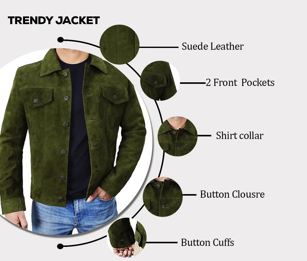Men's Suede Leather Jacket - Western Style Cowboy Trucker Leather Jackets for Adult Outerwear