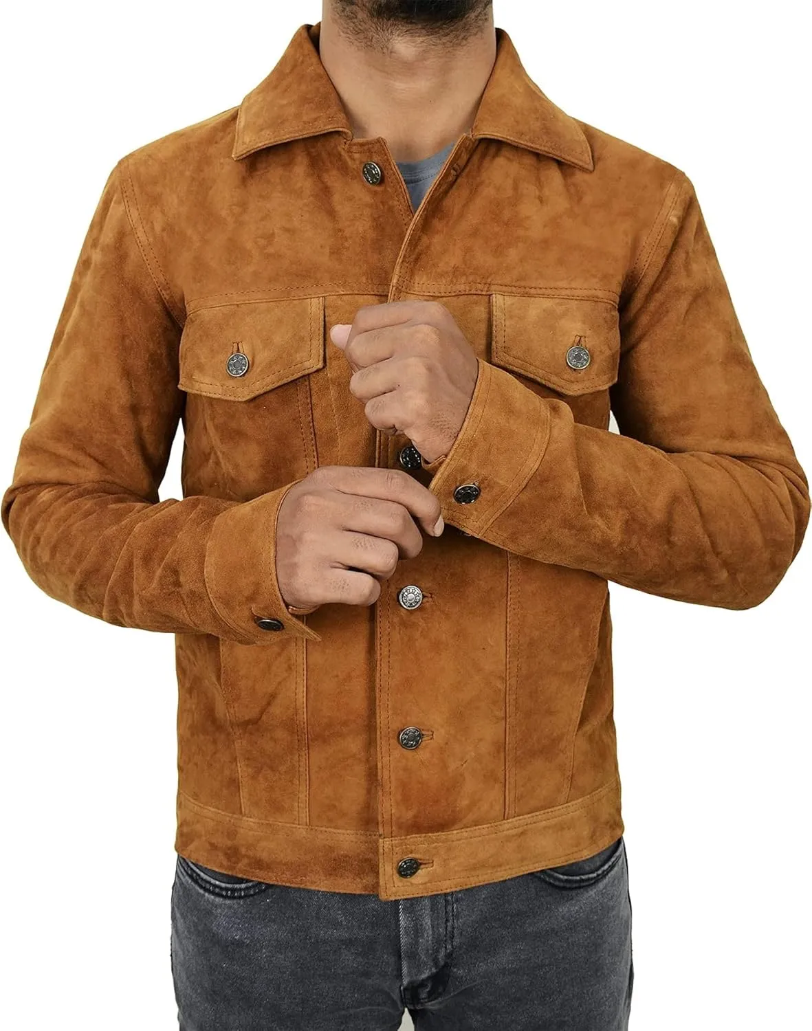 Men's Suede Leather Jacket - Western Style Cowboy Trucker Leather Jackets for Adult Outerwear