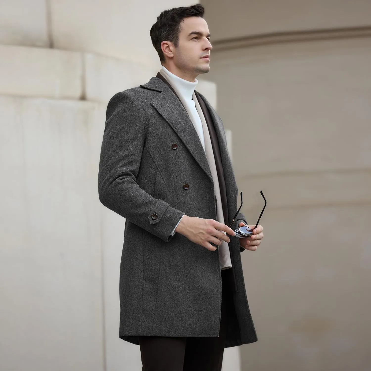 Mens Trench Coat Slim Fit Pea Coats Double Breasted Winter Wool Jackets Notched Lapel Collar Overcoat