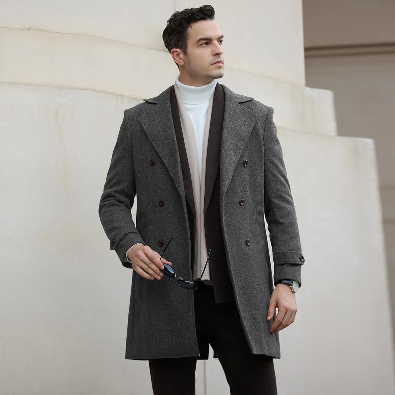 Mens Trench Coat Slim Fit Pea Coats Double Breasted Winter Wool Jackets Notched Lapel Collar Overcoat