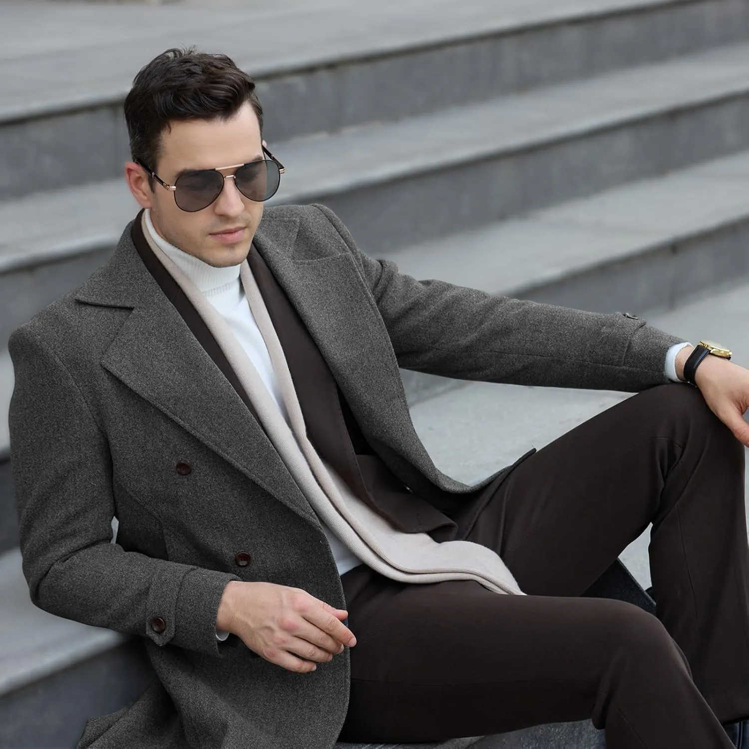 Mens Trench Coat Slim Fit Pea Coats Double Breasted Winter Wool Jackets Notched Lapel Collar Overcoat