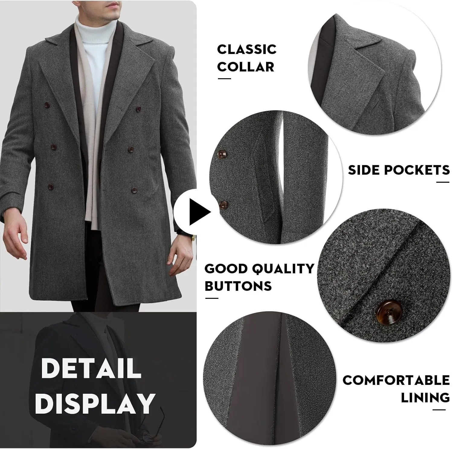 Mens Trench Coat Slim Fit Pea Coats Double Breasted Winter Wool Jackets Notched Lapel Collar Overcoat