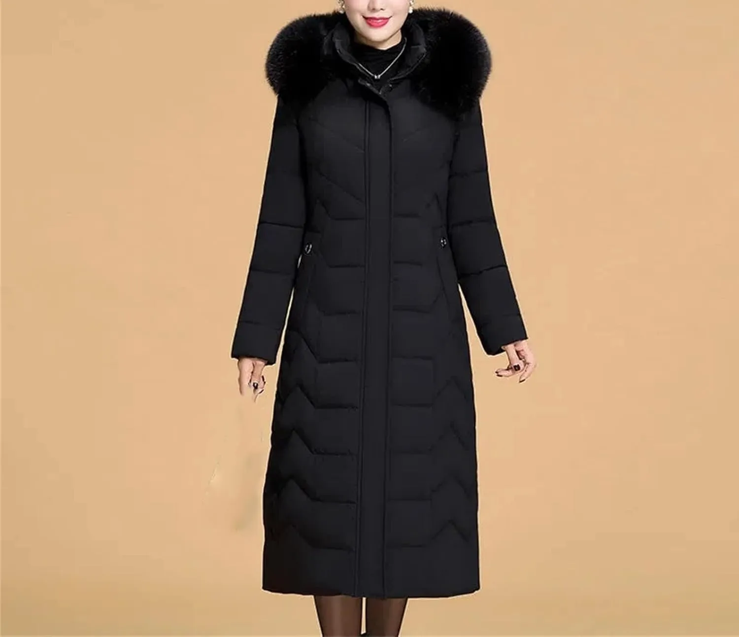 Middle-Aged Mother Winter Down Cotton Jacket Large Size X-Long Elegant Female Winter Coat Hooded Fur Padded Parka