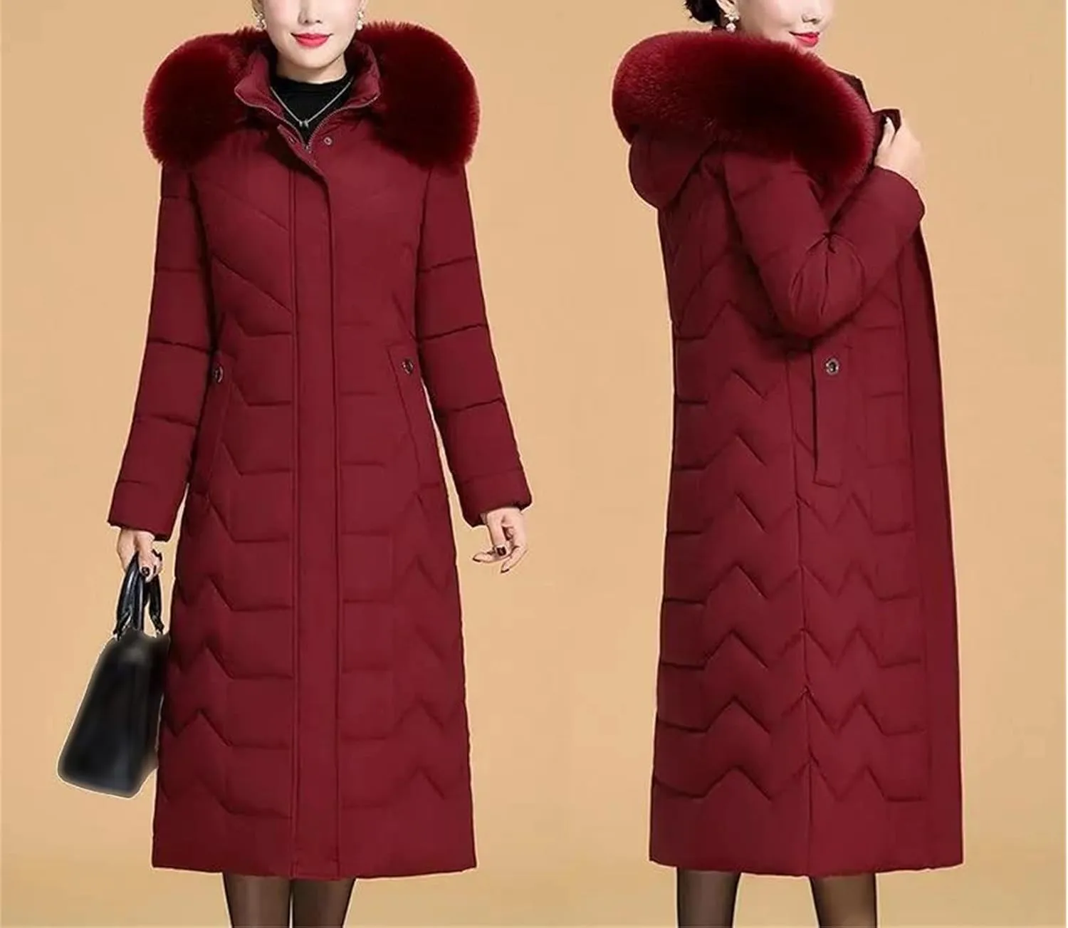 Middle-Aged Mother Winter Down Cotton Jacket Large Size X-Long Elegant Female Winter Coat Hooded Fur Padded Parka