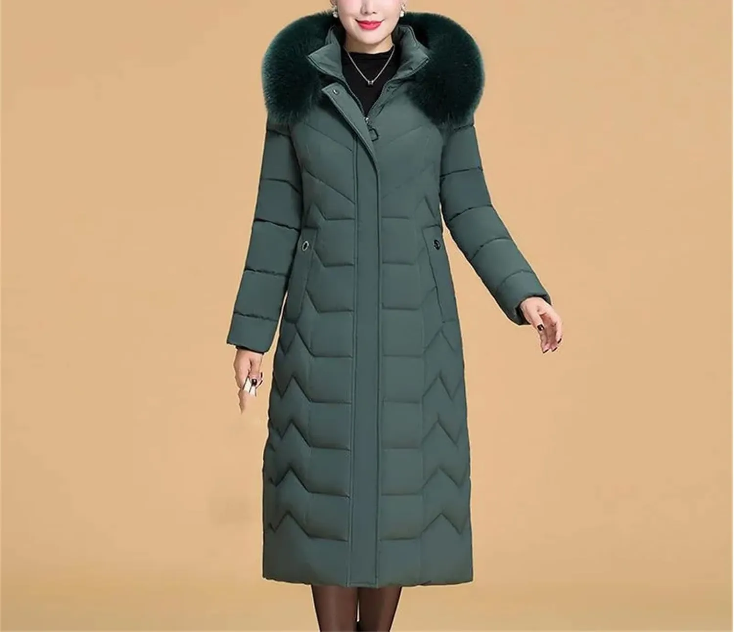 Middle-Aged Mother Winter Down Cotton Jacket Large Size X-Long Elegant Female Winter Coat Hooded Fur Padded Parka