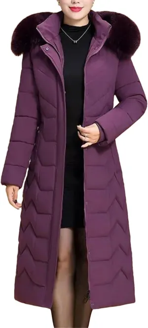 Middle-Aged Mother Winter Down Cotton Jacket Large Size X-Long Elegant Female Winter Coat Hooded Fur Padded Parka