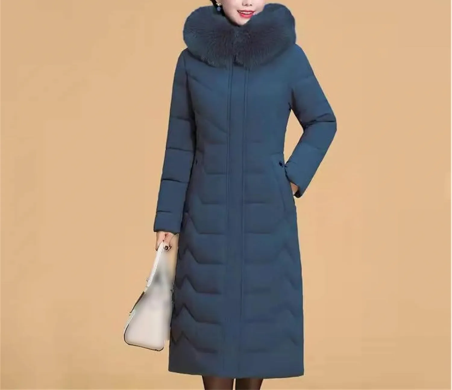 Middle-Aged Mother Winter Down Cotton Jacket Large Size X-Long Elegant Female Winter Coat Hooded Fur Padded Parka