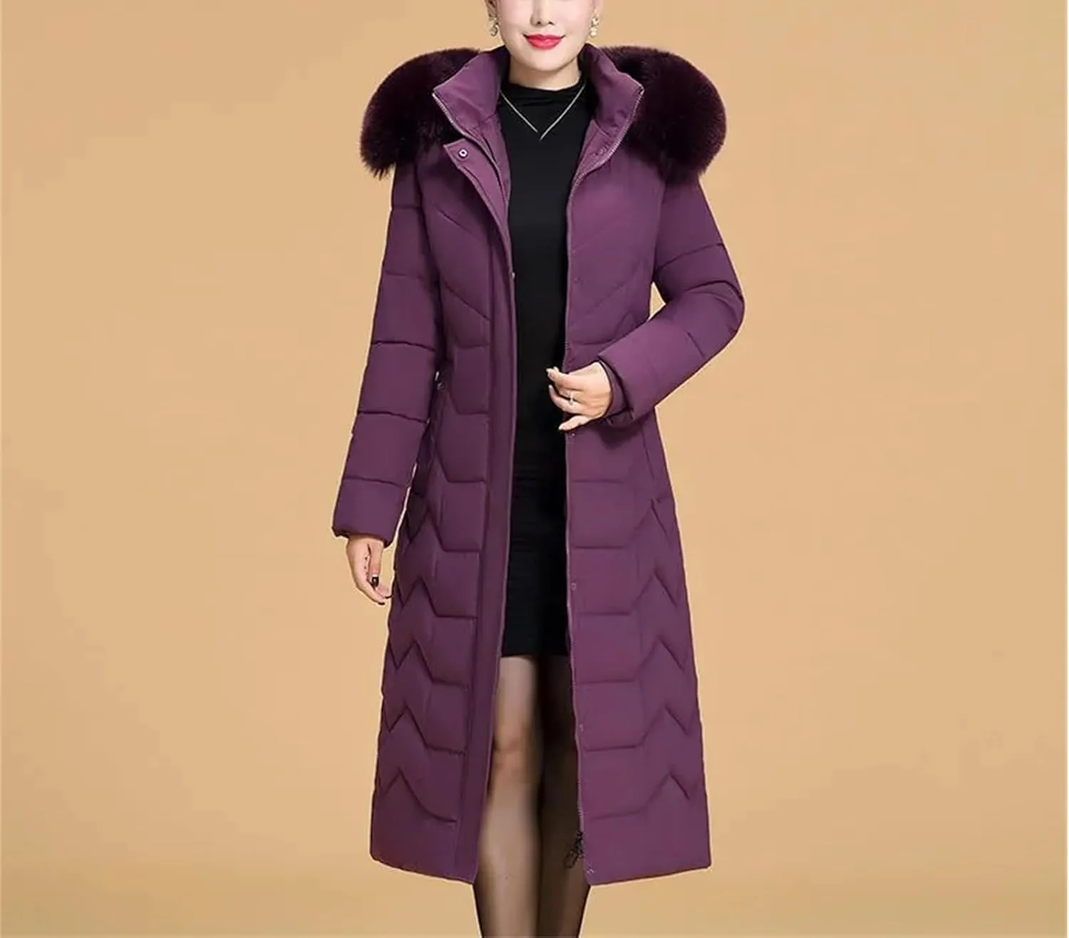 Middle-Aged Mother Winter Down Cotton Jacket Large Size X-Long Elegant Female Winter Coat Hooded Fur Padded Parka