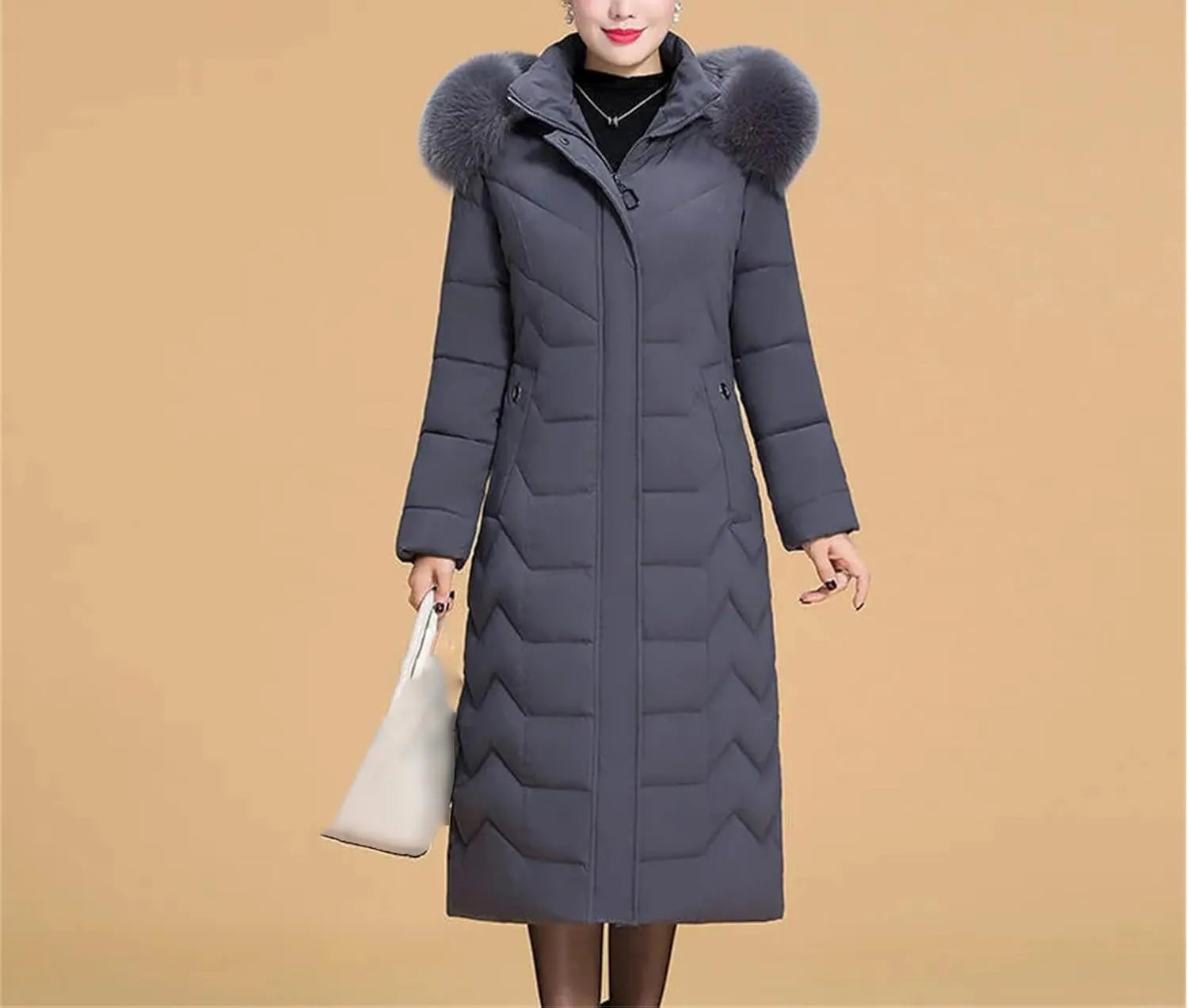 Middle-Aged Mother Winter Down Cotton Jacket Large Size X-Long Elegant Female Winter Coat Hooded Fur Padded Parka