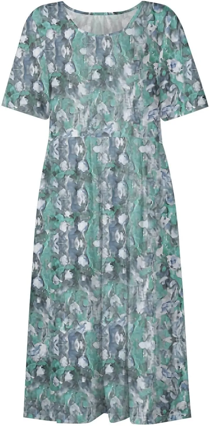 Midi Dresses for Women Short Sleeve Flowy A-Line Dress Casual Floral Print Beach Sundress with Pockets 2025