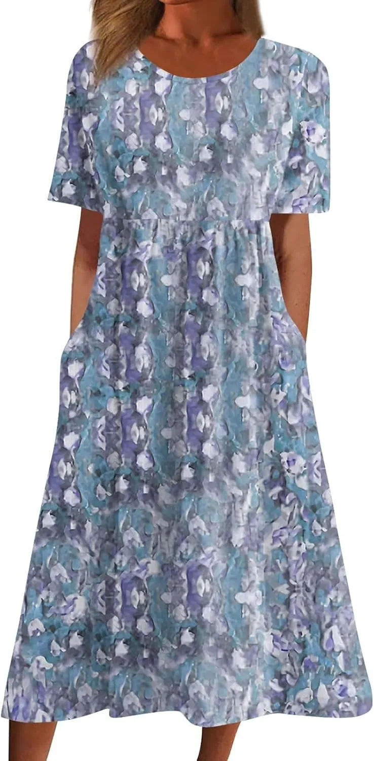 Midi Dresses for Women Short Sleeve Flowy A-Line Dress Casual Floral Print Beach Sundress with Pockets 2025