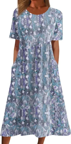 Midi Dresses for Women Short Sleeve Flowy A-Line Dress Casual Floral Print Beach Sundress with Pockets 2025