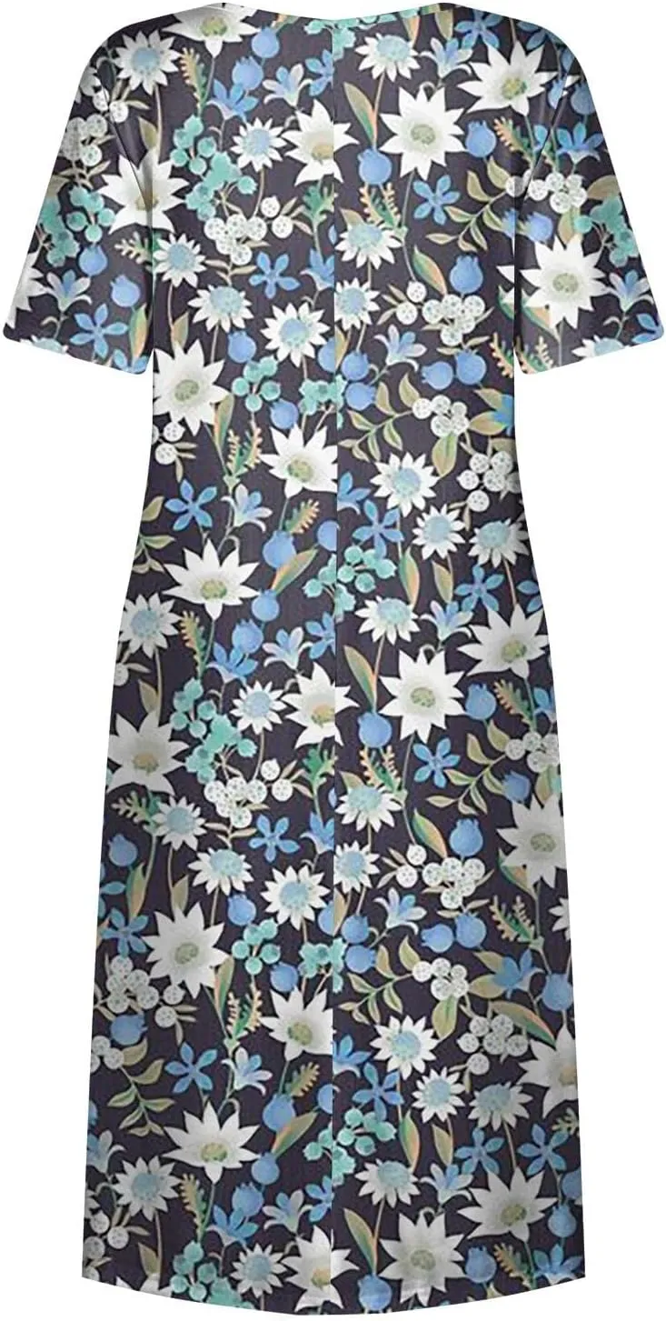 Midi Dresses for Women Short Sleeve Flowy A-Line Dress Casual Floral Print Beach Sundress with Pockets 2025