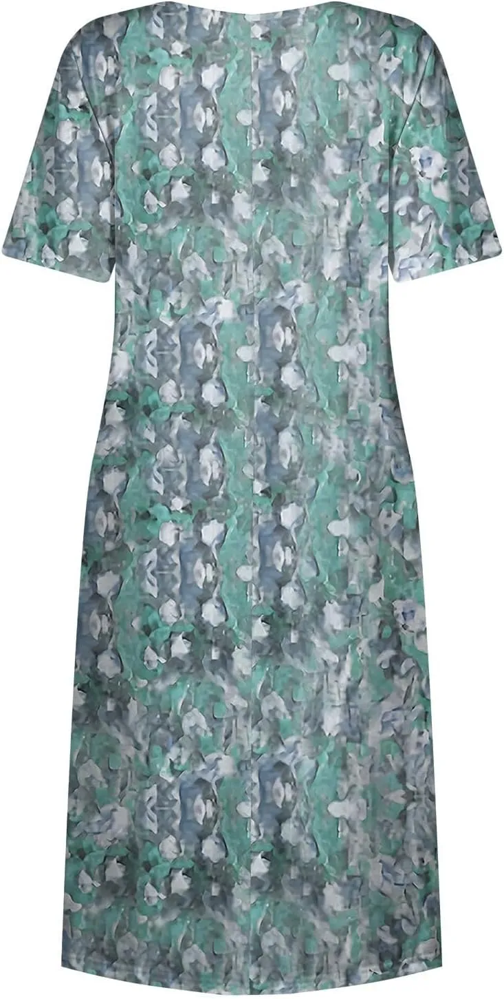Midi Dresses for Women Short Sleeve Flowy A-Line Dress Casual Floral Print Beach Sundress with Pockets 2025