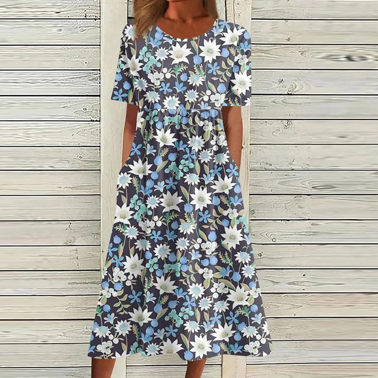 Midi Dresses for Women Short Sleeve Flowy A-Line Dress Casual Floral Print Beach Sundress with Pockets 2025
